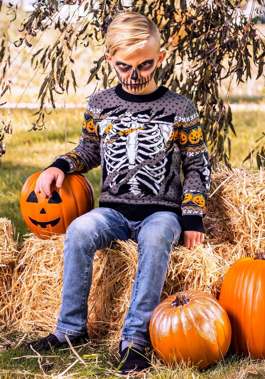 Ripped Open Skeleton Kid's Halloween Sweater Promotions - -0