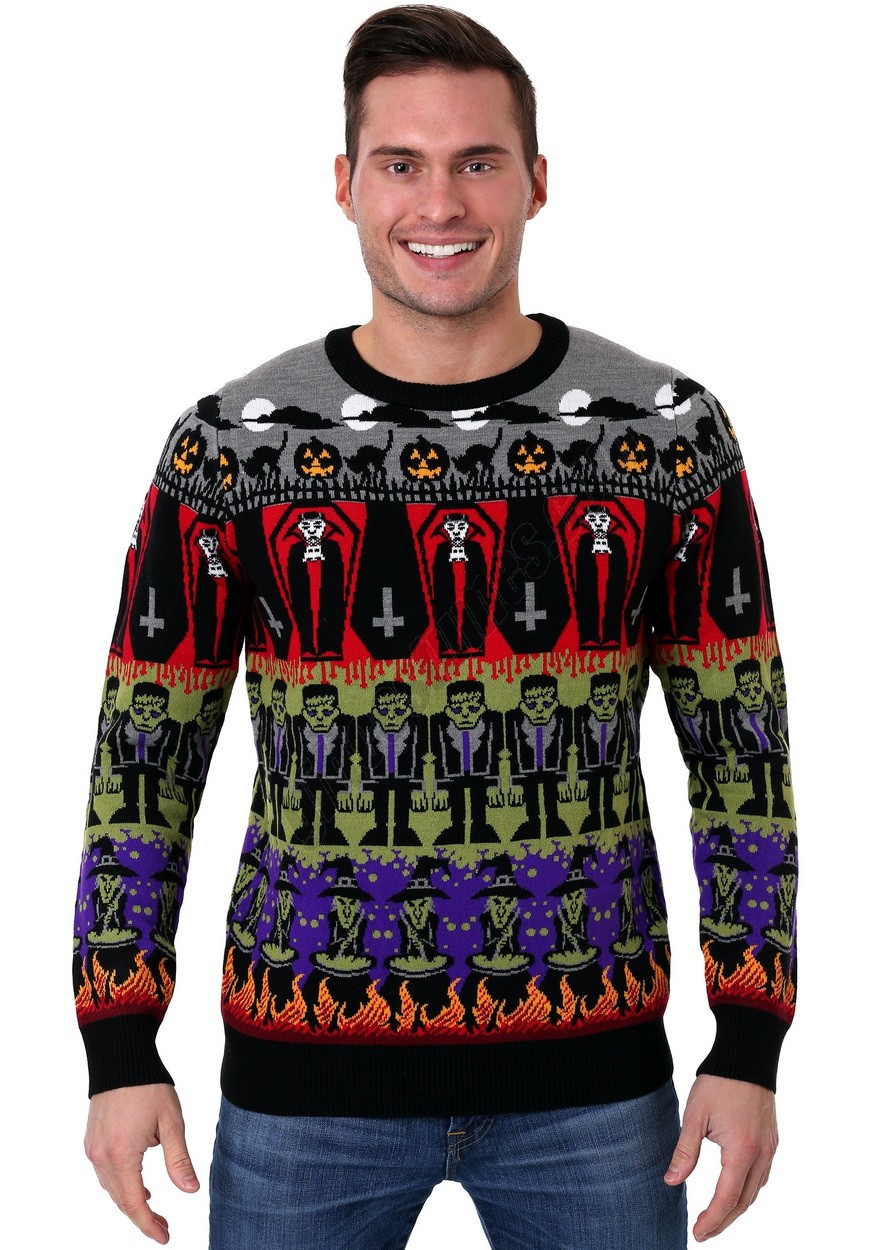 Adult Classic Horror Monsters Fair Isle Halloween Sweater Promotions - -3