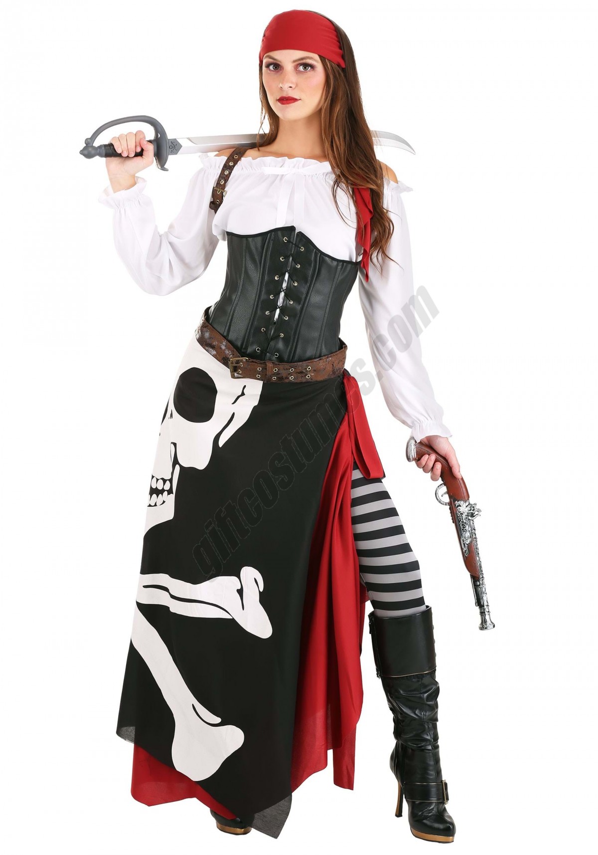 Women's Plus Size Skeleton Flag Rogue Pirate Costume Promotions - -0