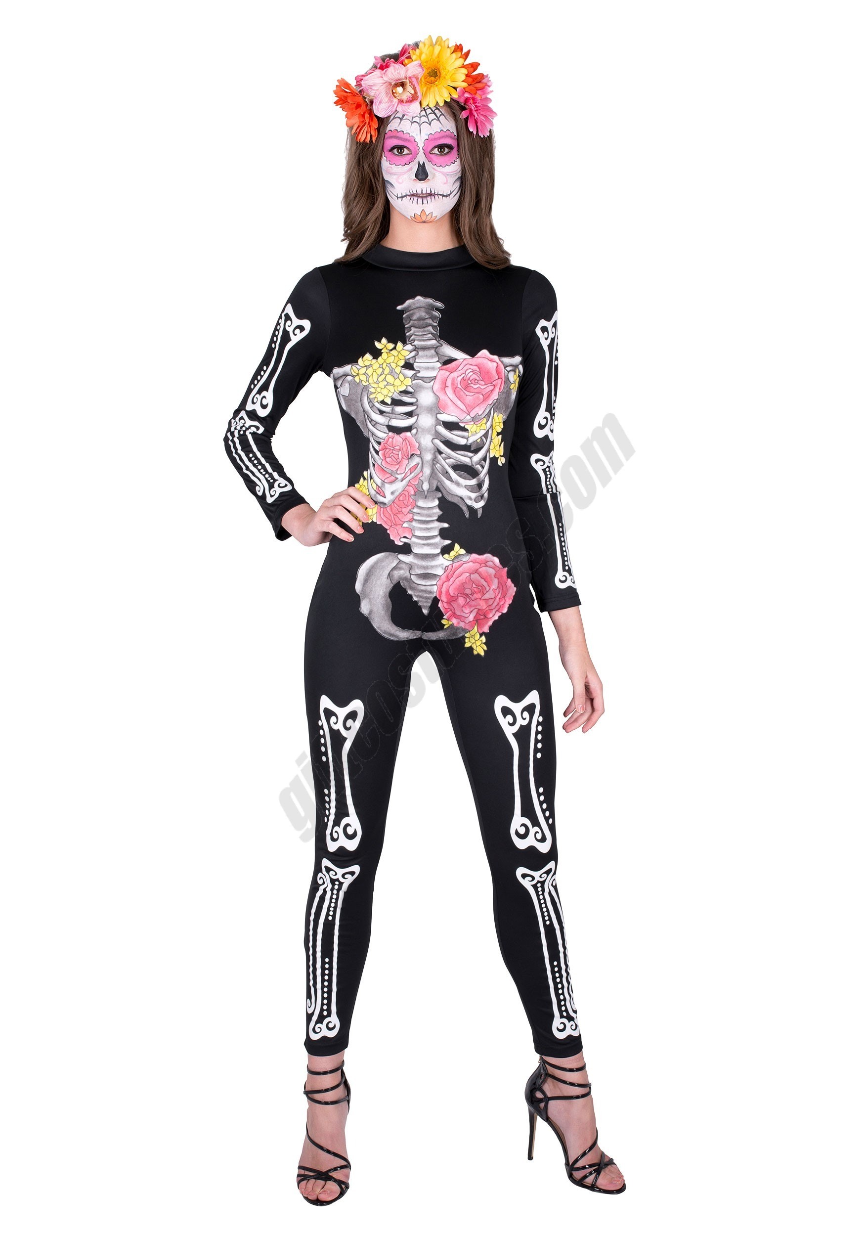 Women's Day of the Dead Catsuit Costume - Women's Day of the Dead Catsuit Costume
